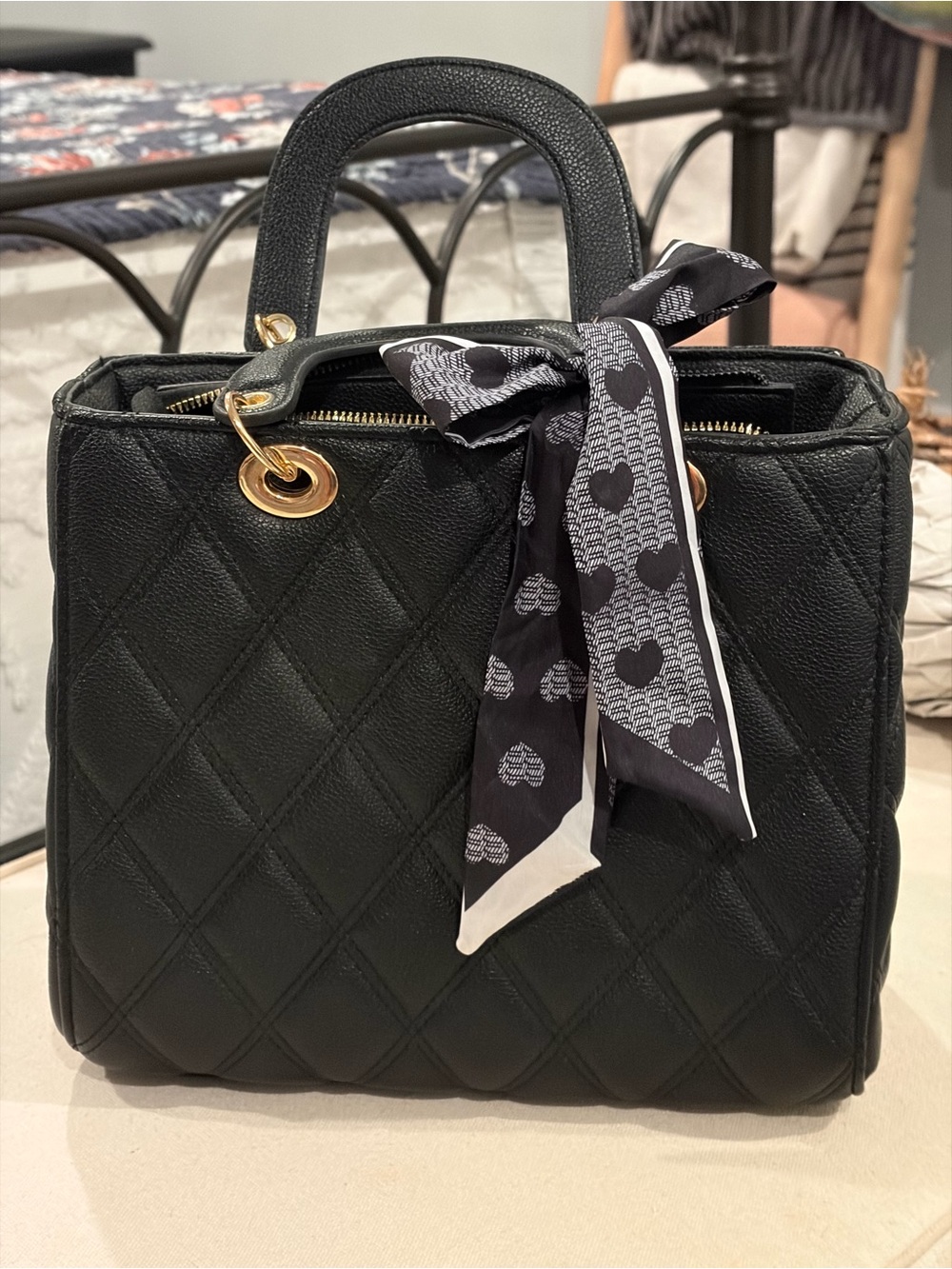 Black Quilted Top-Handle Bag with Scarf Accent - Matching Wallet included!!